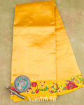 Sunshine Yellow Cross-Stitch Tissue Striped Pure Katan Silk Saree