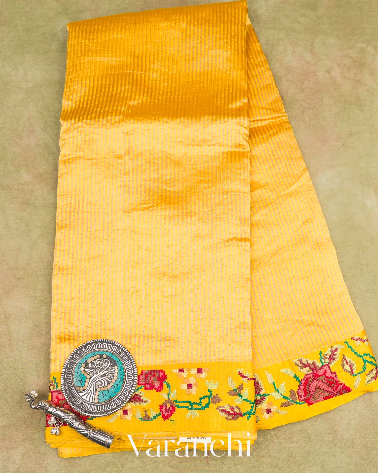 Sunshine Yellow Cross-Stitch Tissue Striped Pure Katan Silk Saree