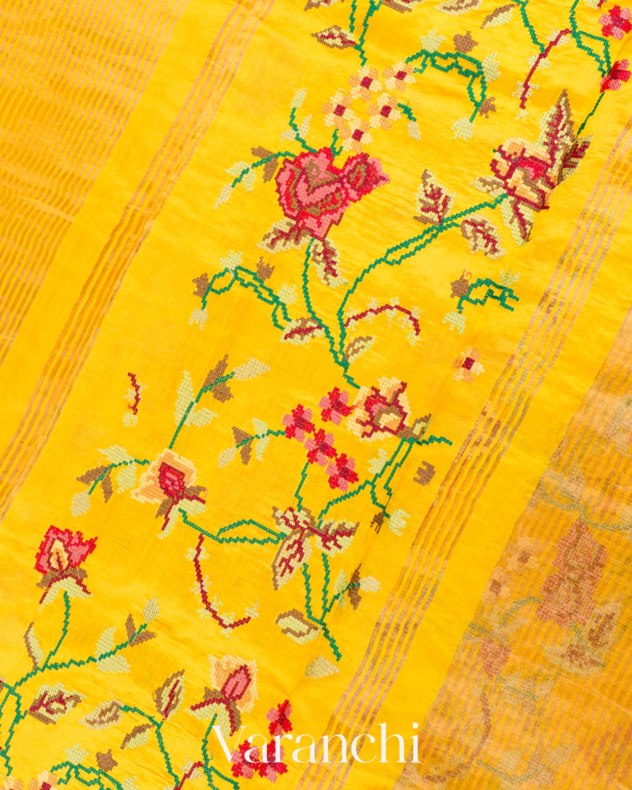 Sunshine Yellow Cross-Stitch Tissue Striped Pure Katan Silk Saree