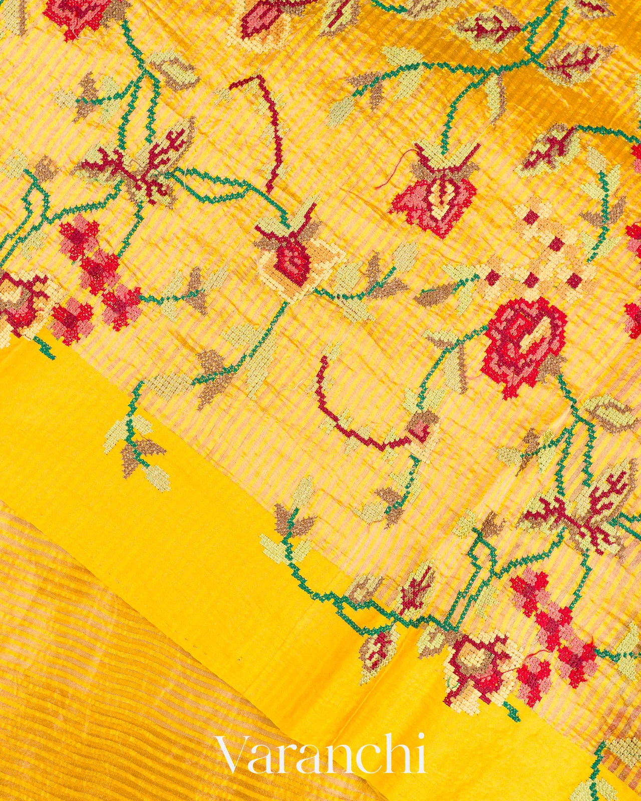 Sunshine Yellow Cross-Stitch Tissue Striped Pure Katan Silk Saree