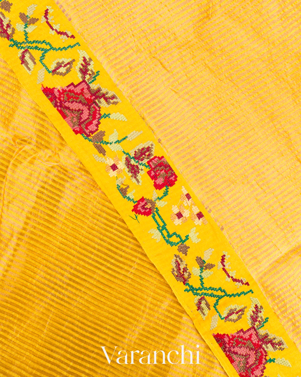 Sunshine Yellow Cross-Stitch Tissue Striped Pure Katan Silk Saree