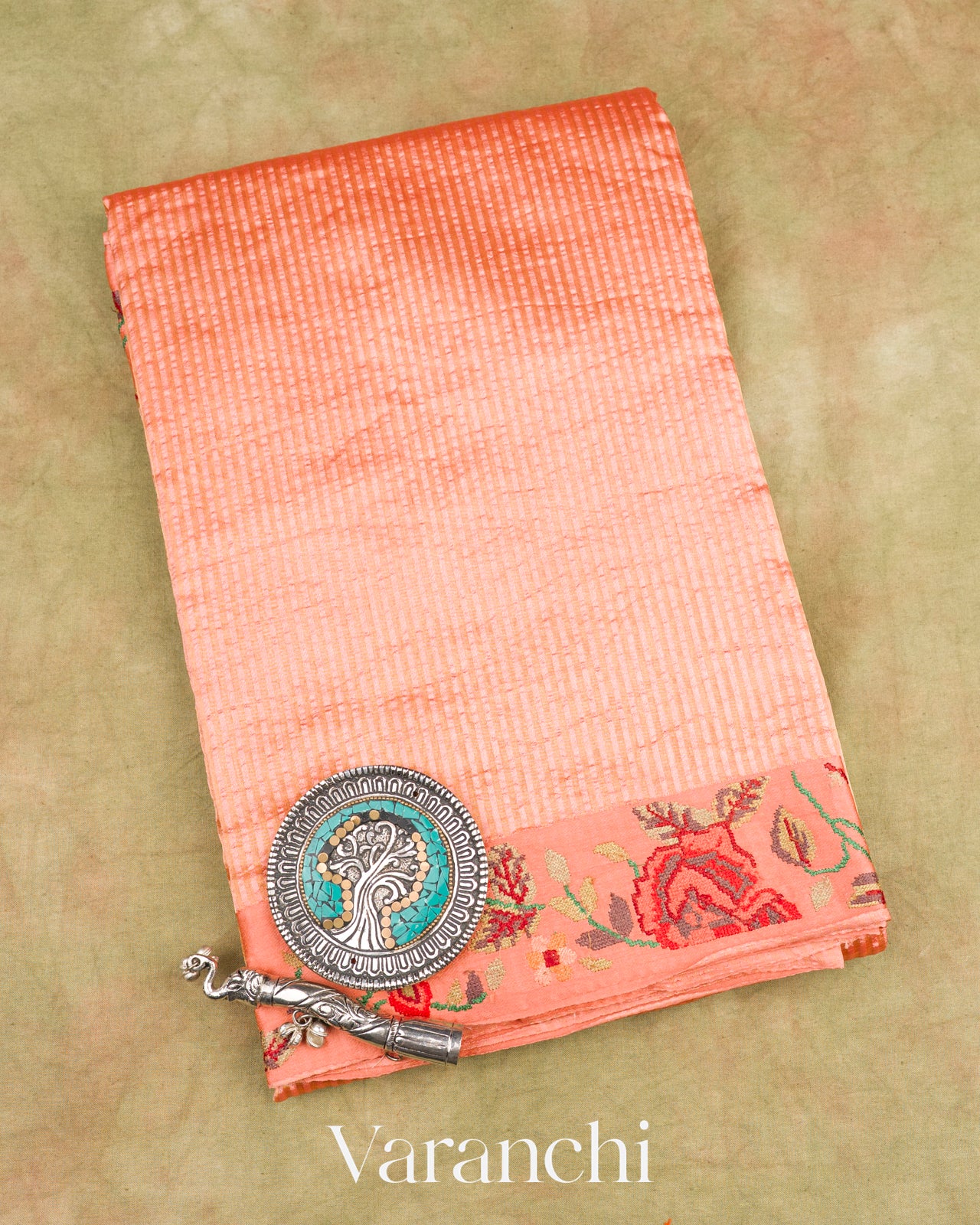 Peach Point Tissue Striped Pure Katan Silk Saree