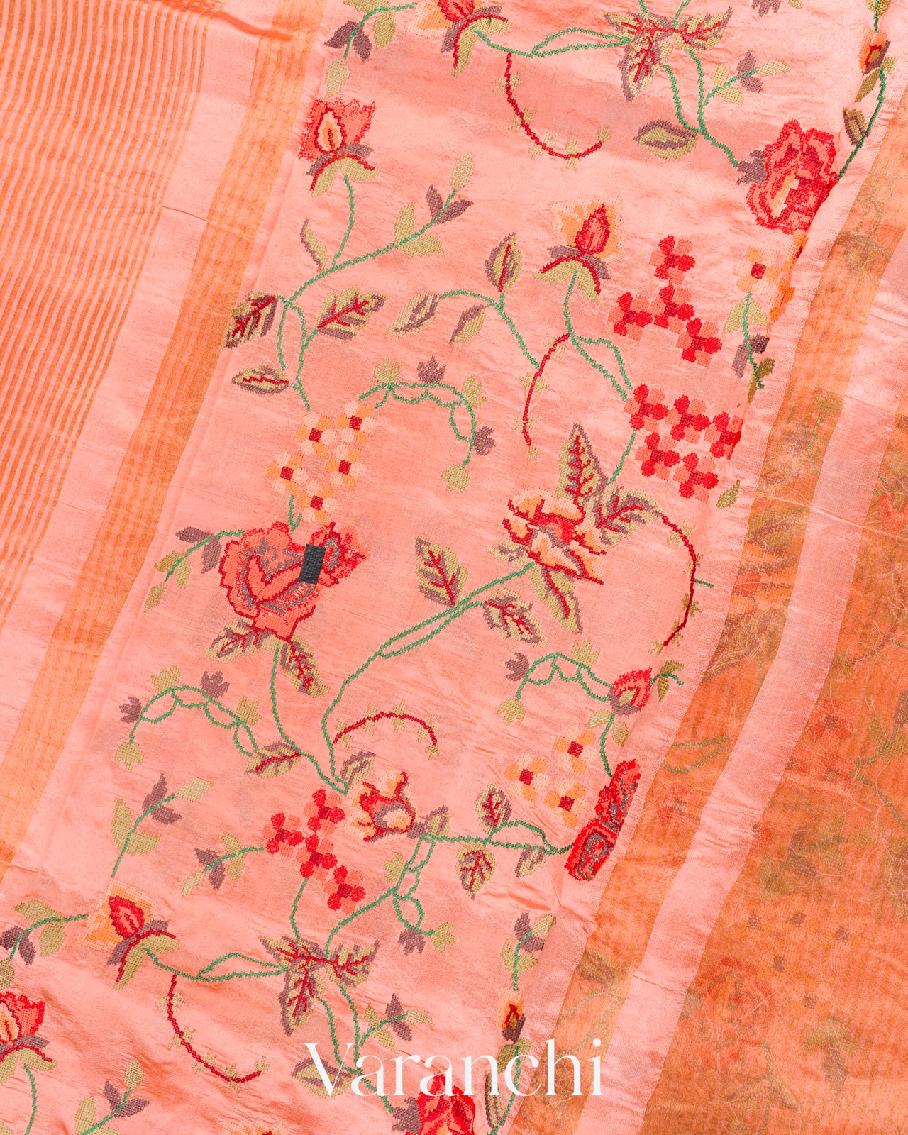Peach Point Tissue Striped Pure Katan Silk Saree