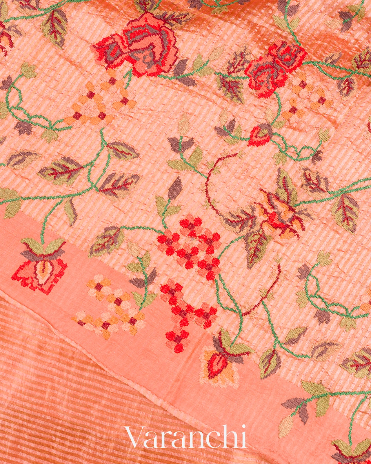 Peach Point Tissue Striped Pure Katan Silk Saree