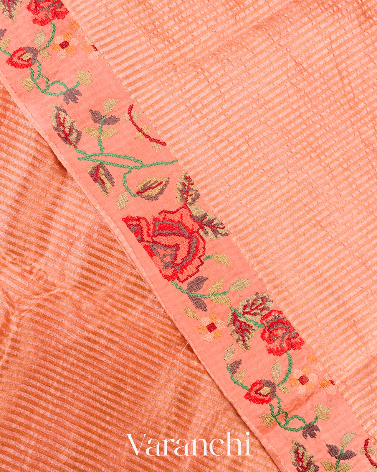 Peach  Point Tissue Striped Pure Katan Silk Saree