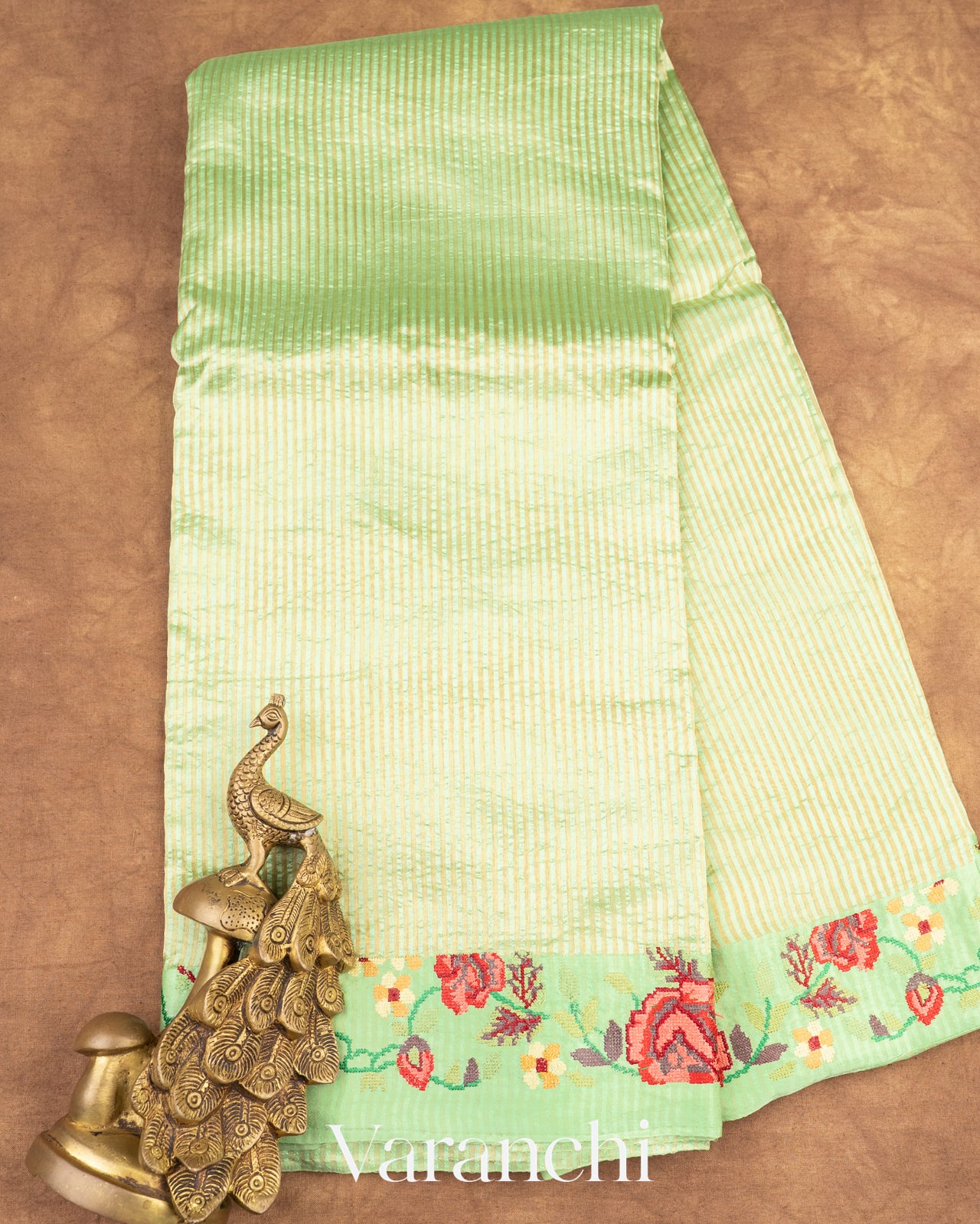 Pista Green Petit Point Tissue Striped Pure Katan Silk Saree