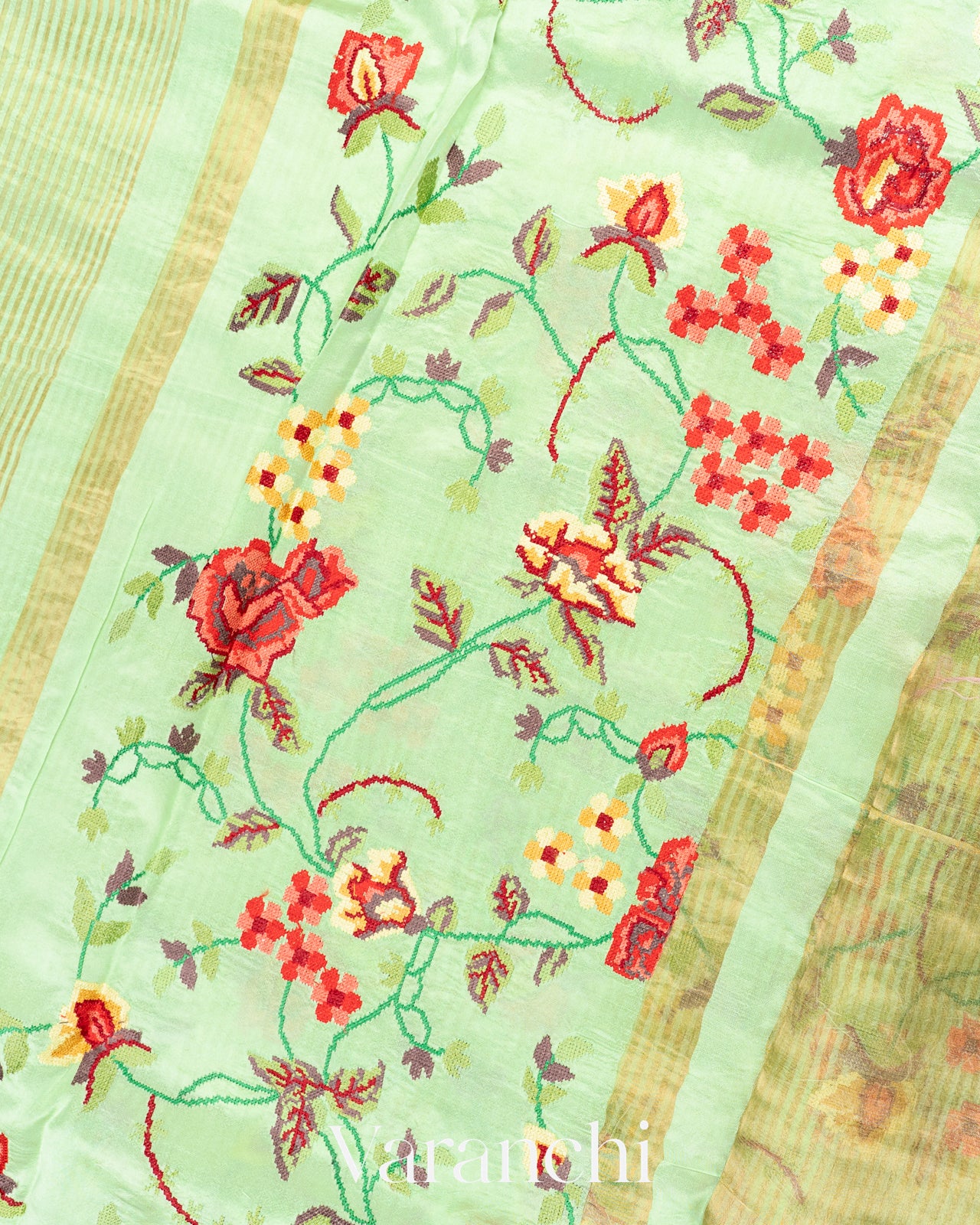 Pista Green Petit Point Tissue Striped Pure Katan Silk Saree