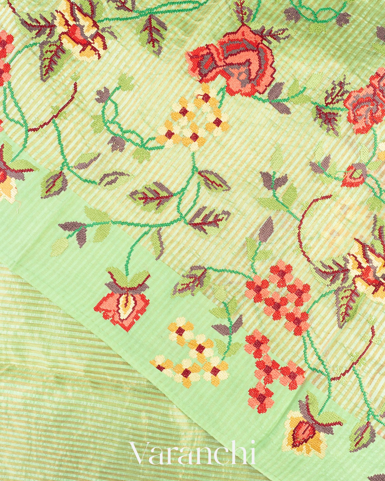 Pista Green Petit Point Tissue Striped Pure Katan Silk Saree