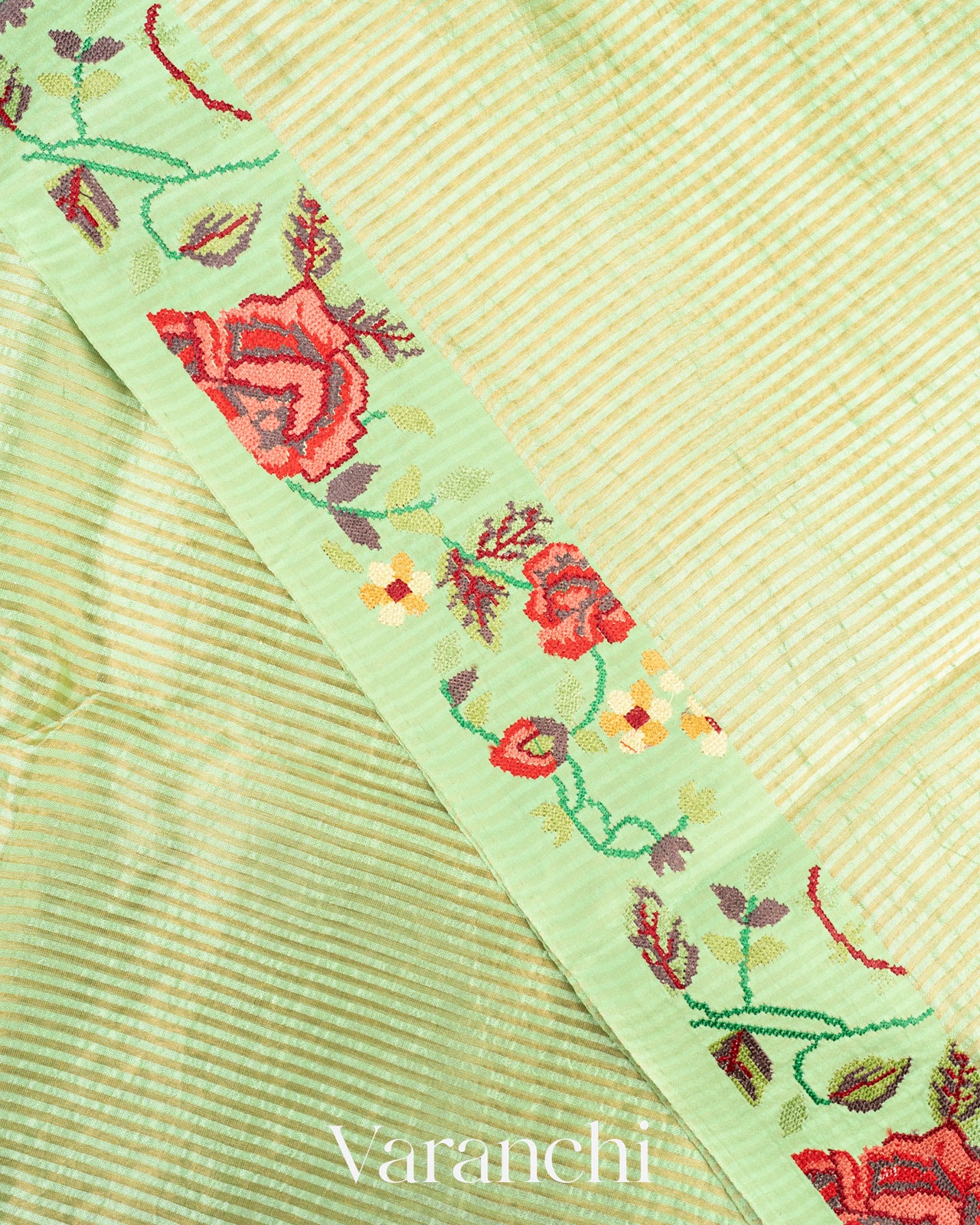 Pista Green Petit Point Tissue Striped Pure Katan Silk Saree