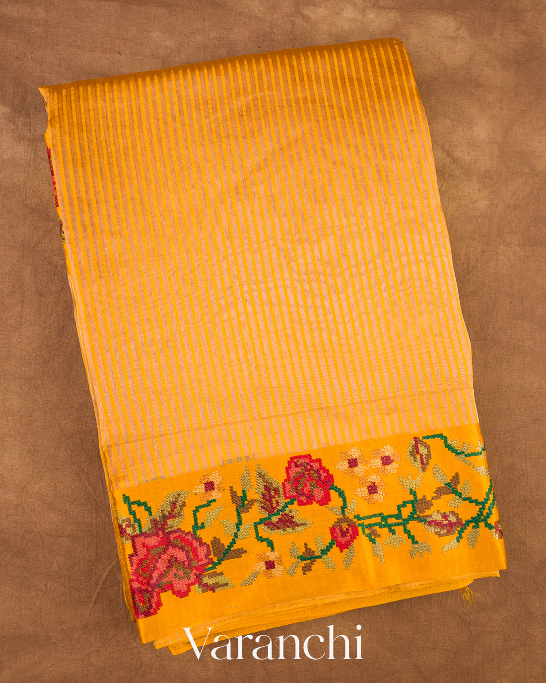Mango Yellow Petit-Point Embroidered Tissue Striped Pure Katan Silk Saree