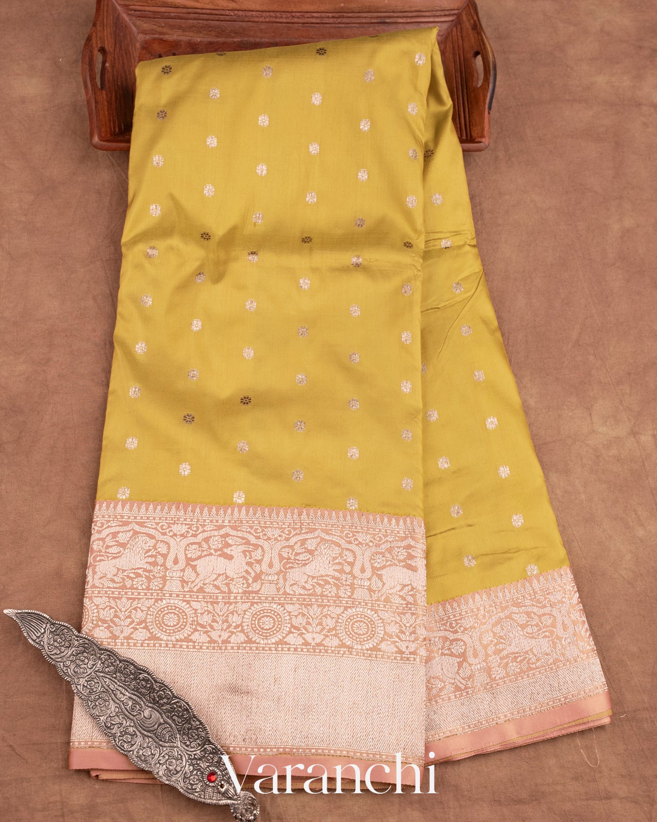 Olive Green Pure Katan Silk Handloom Saree