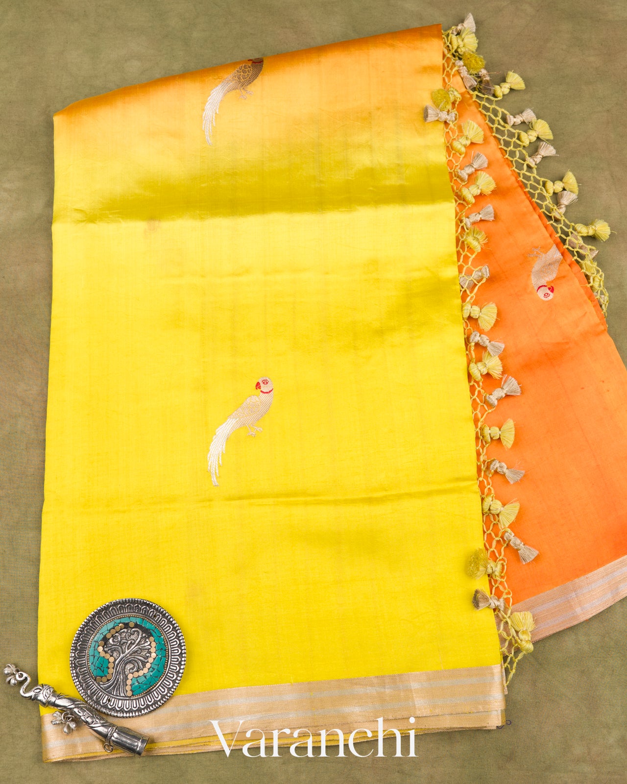 Orange And Marigold Ombre Dyed Pure Katan Silk Saree 