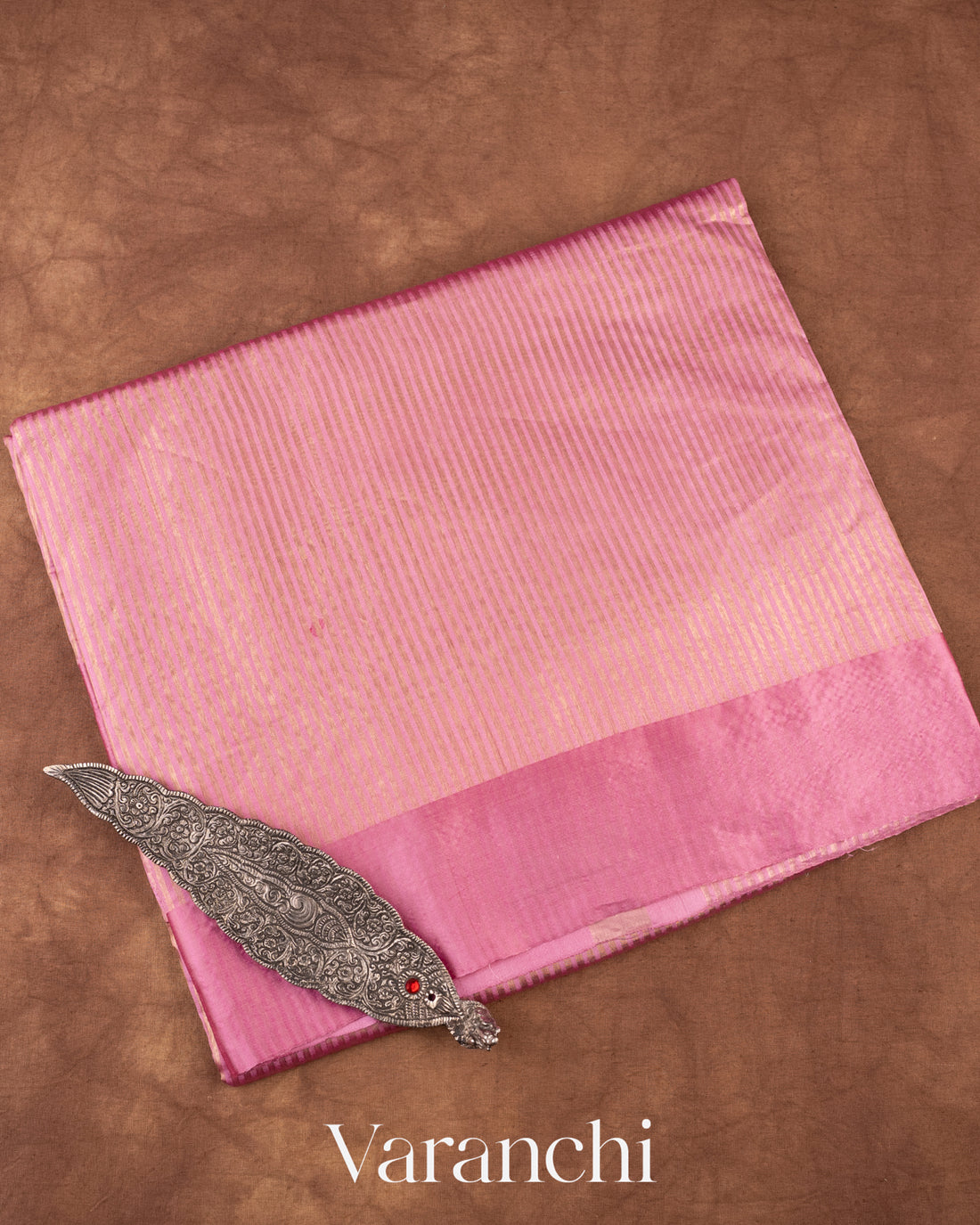 Onion Pink Tissue Striped Pure Katan Silk Saree