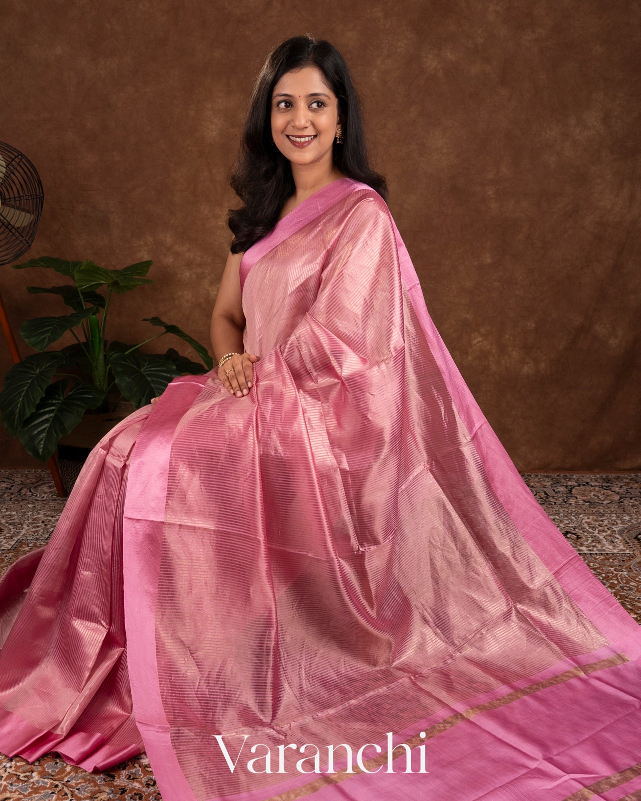 Onion Pink Tissue Striped Pure Katan Silk Saree