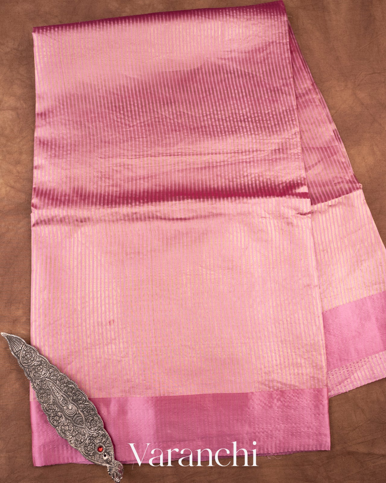 Onion Pink Tissue Striped Pure Katan Silk Saree