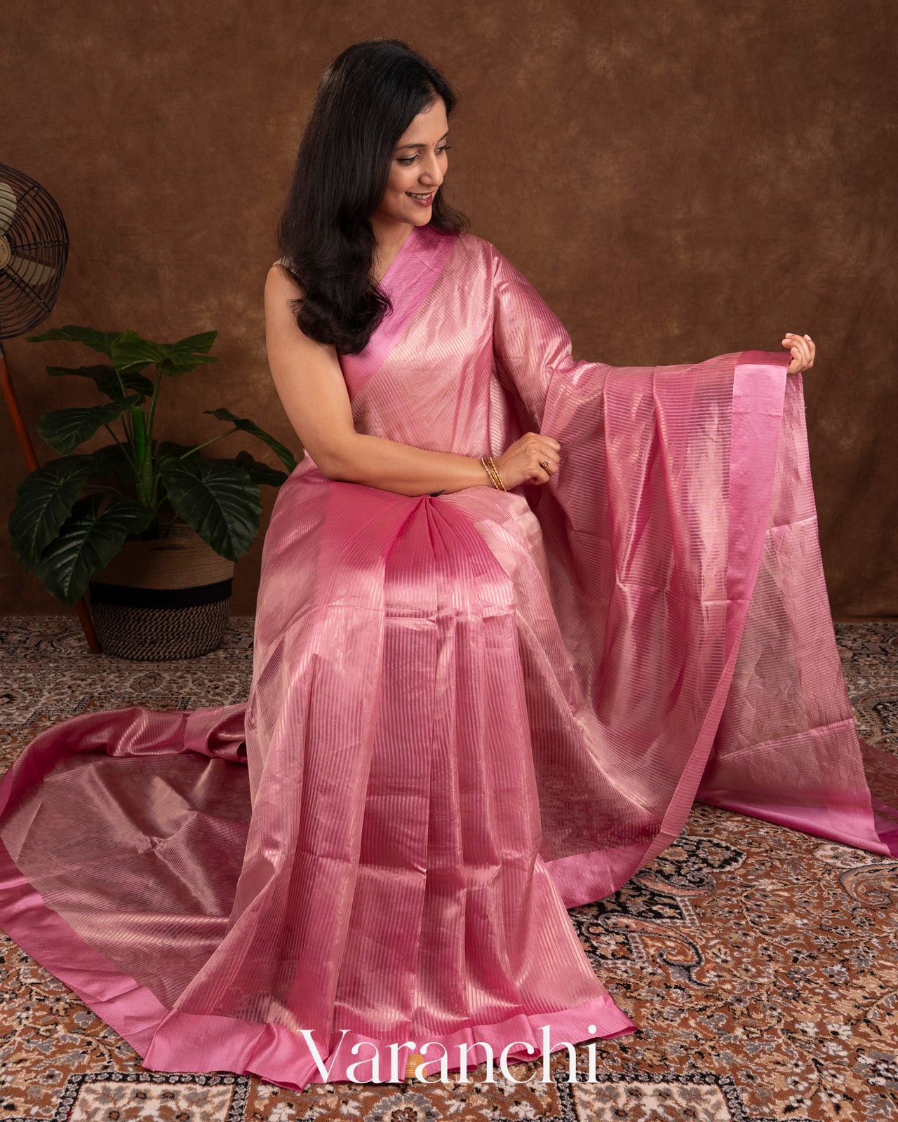 Onion Pink Tissue Striped Pure Katan Silk Saree