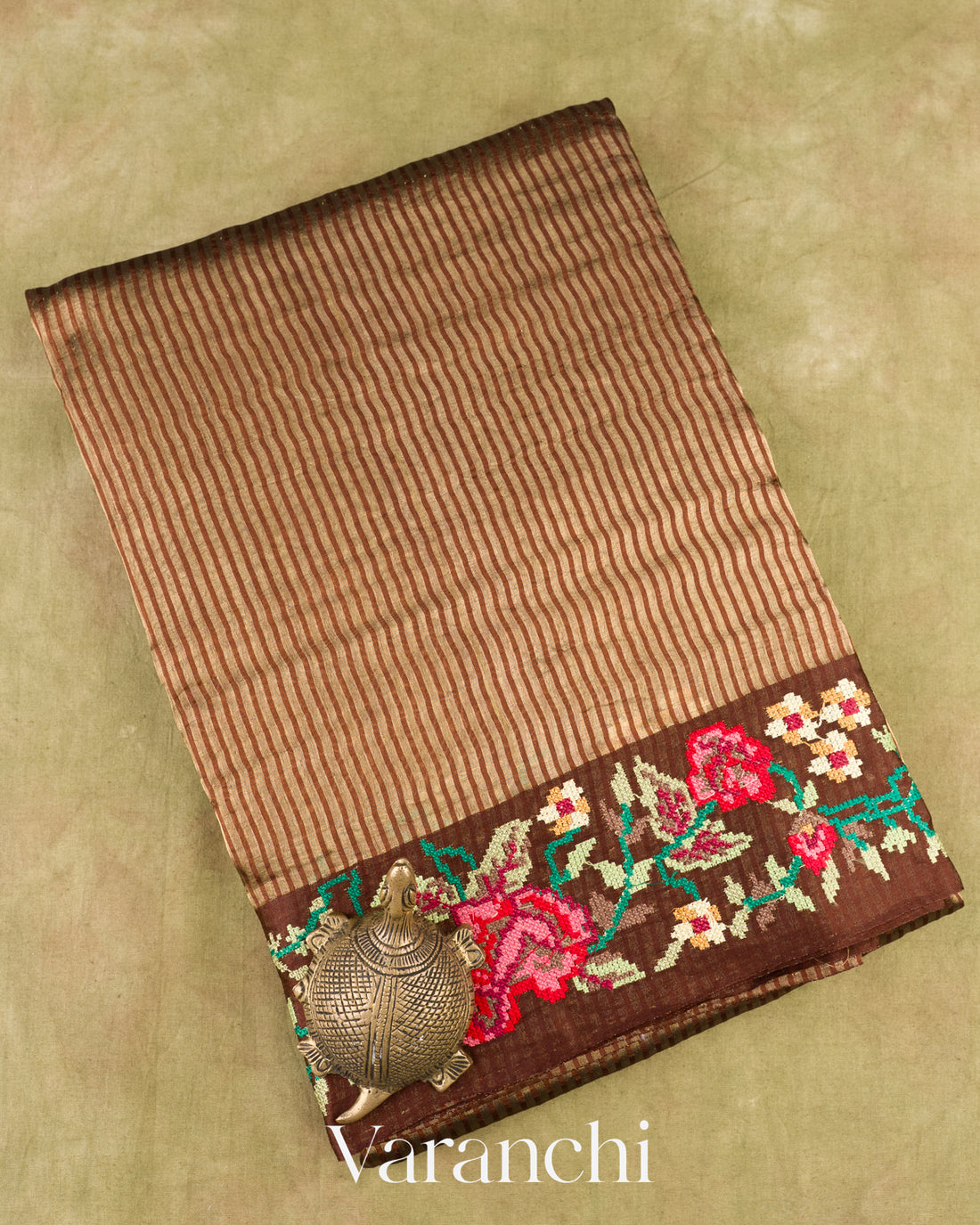 Soft Caramel Petit-Point Tissue Striped Pure Katan Silk Saree