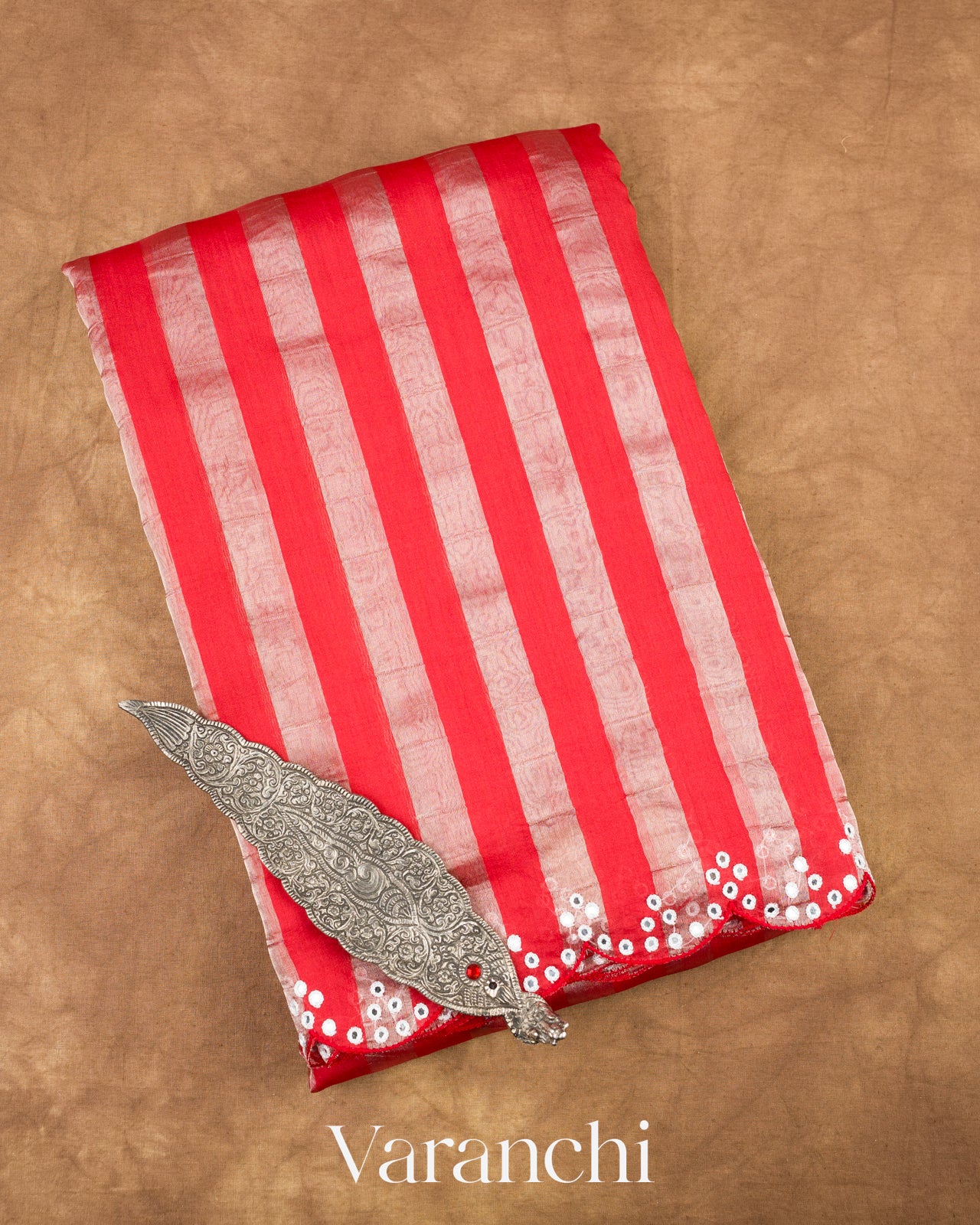 Bright Red Tissue Striped Pure Katan Silk Saree