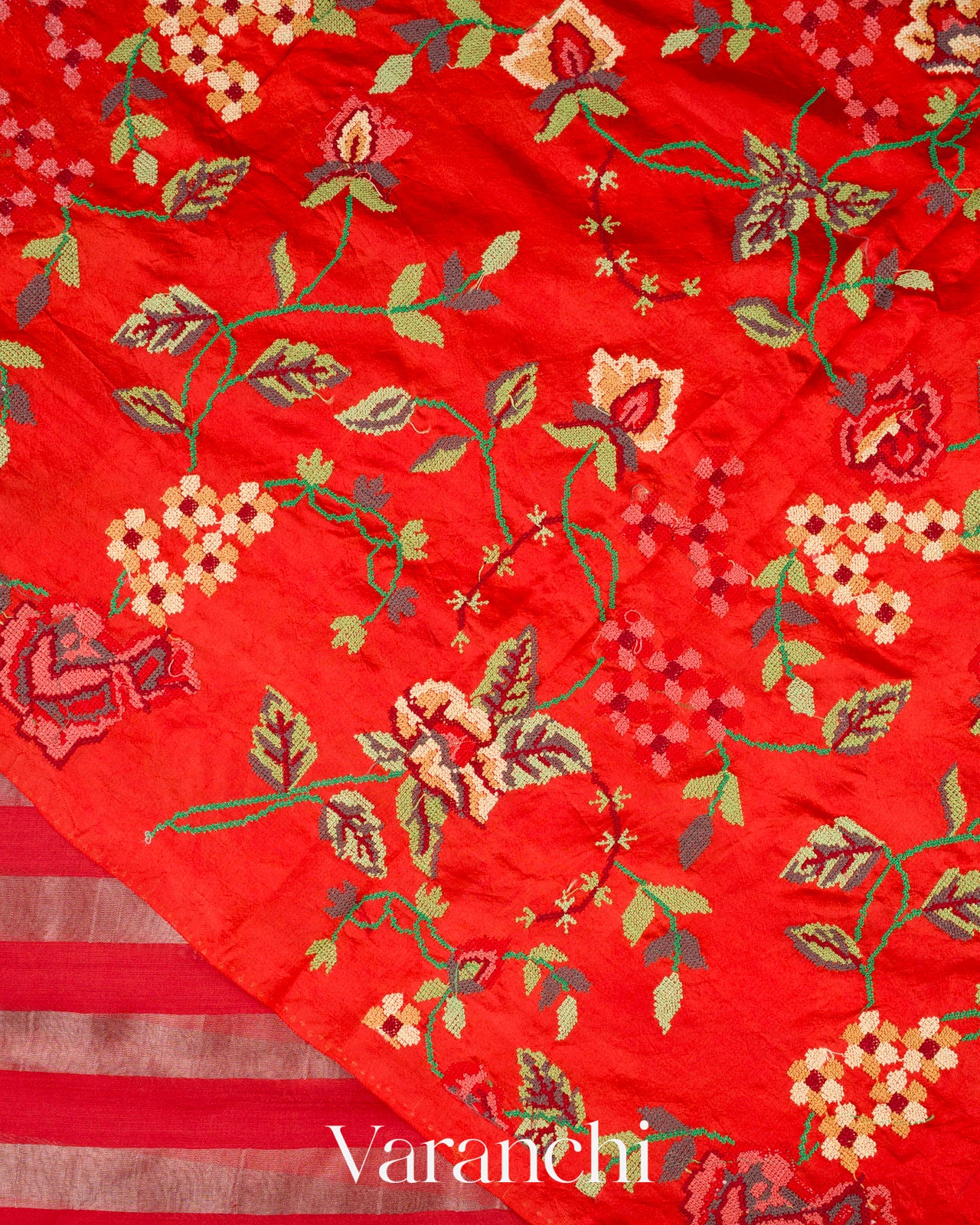 Bright Red Tissue Striped Pure Katan Silk Saree