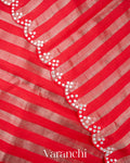 Bright Red Tissue Striped Pure Katan Silk Saree