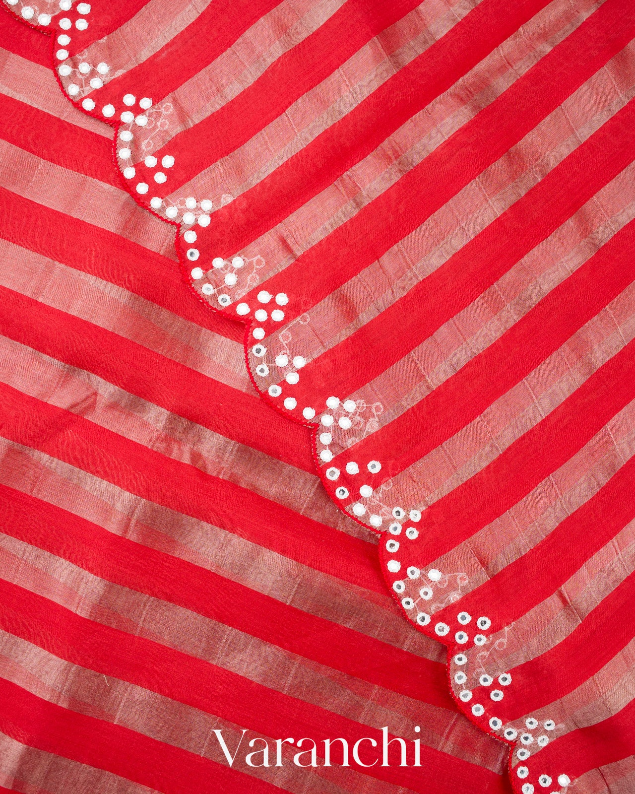 Bright Red Tissue Striped Pure Katan Silk Saree