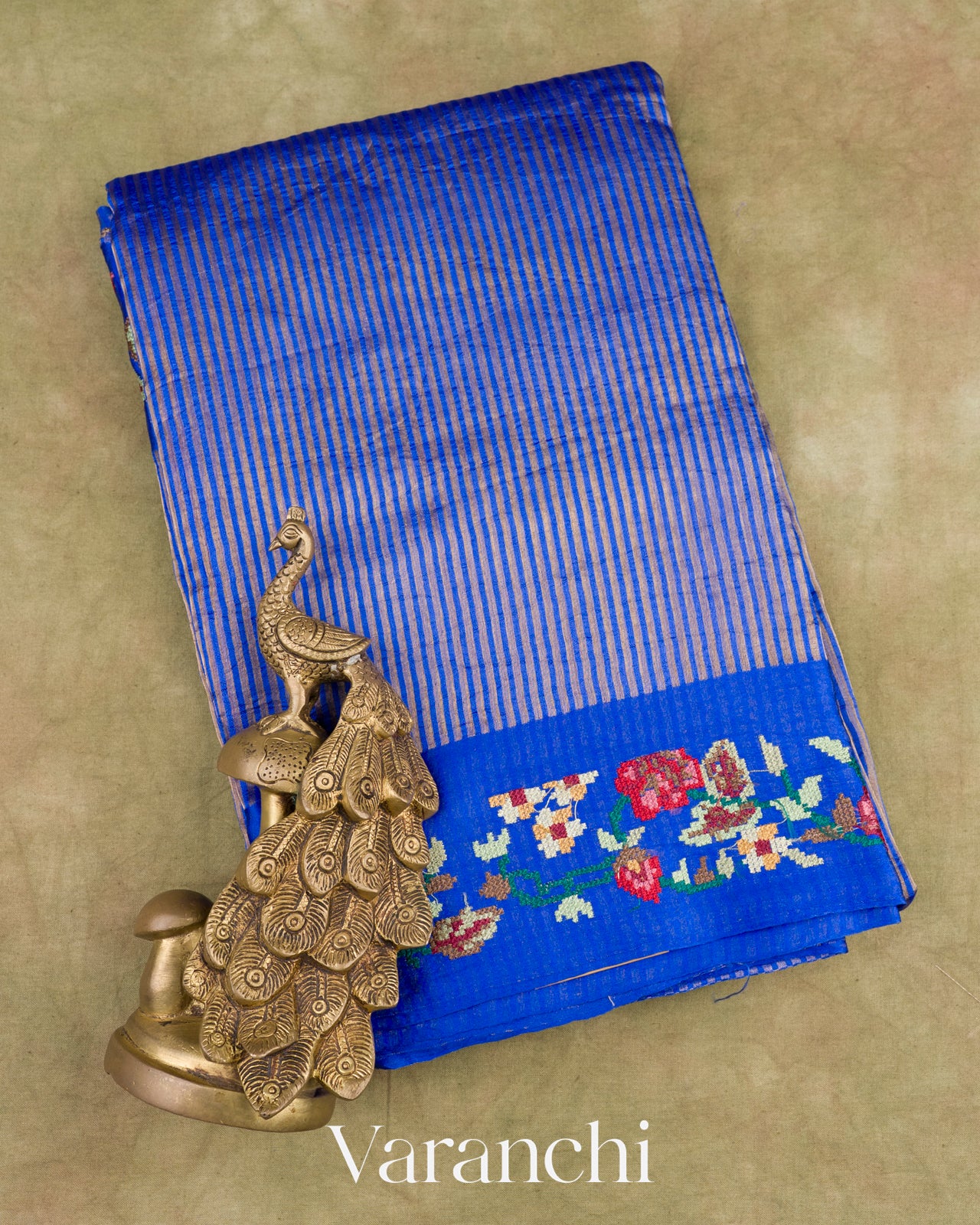 Royal Blue Cross-Stitch Tissue Striped Pure Katan Silk Saree