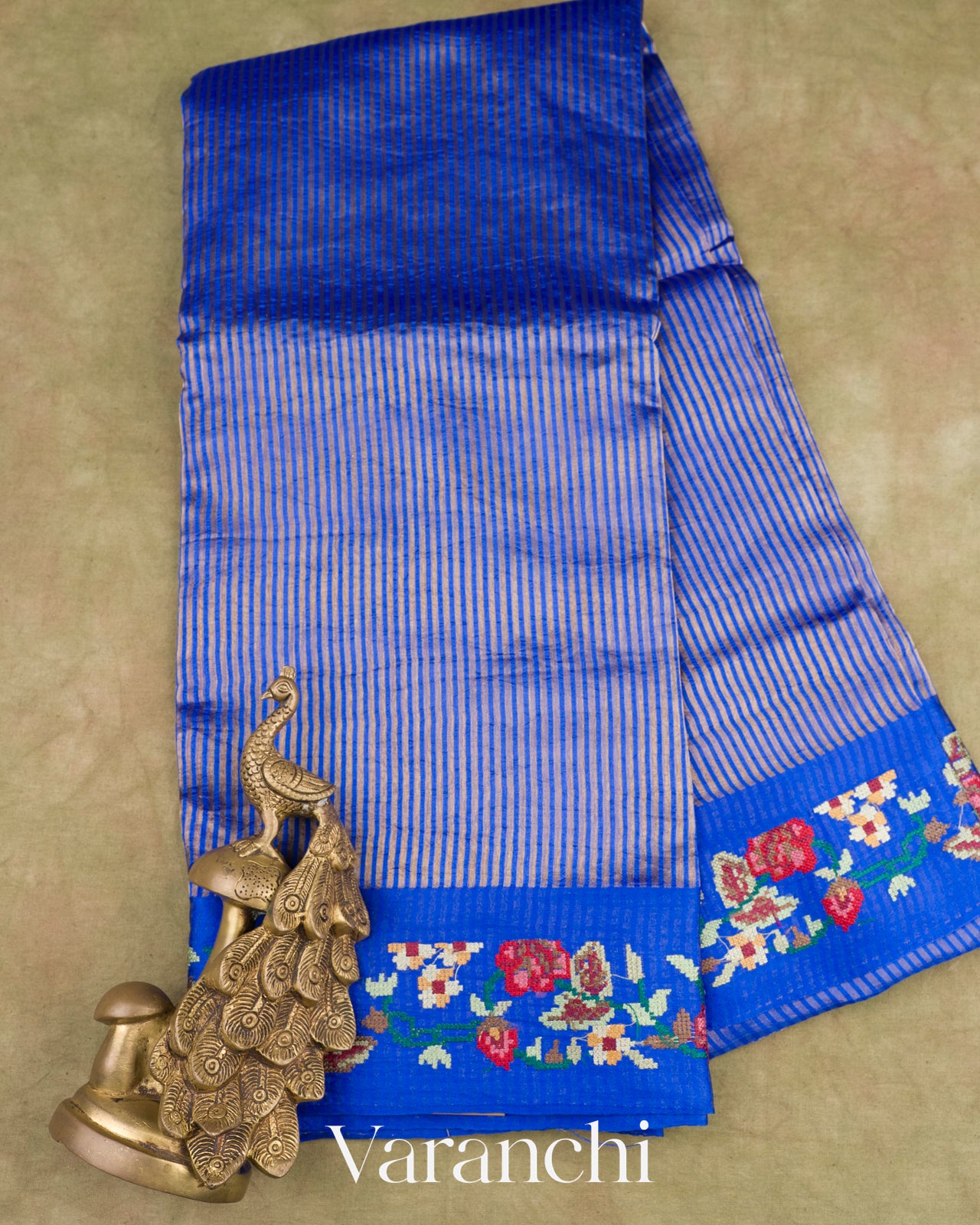Royal Blue Cross-Stitch Tissue Striped Pure Katan Silk Saree