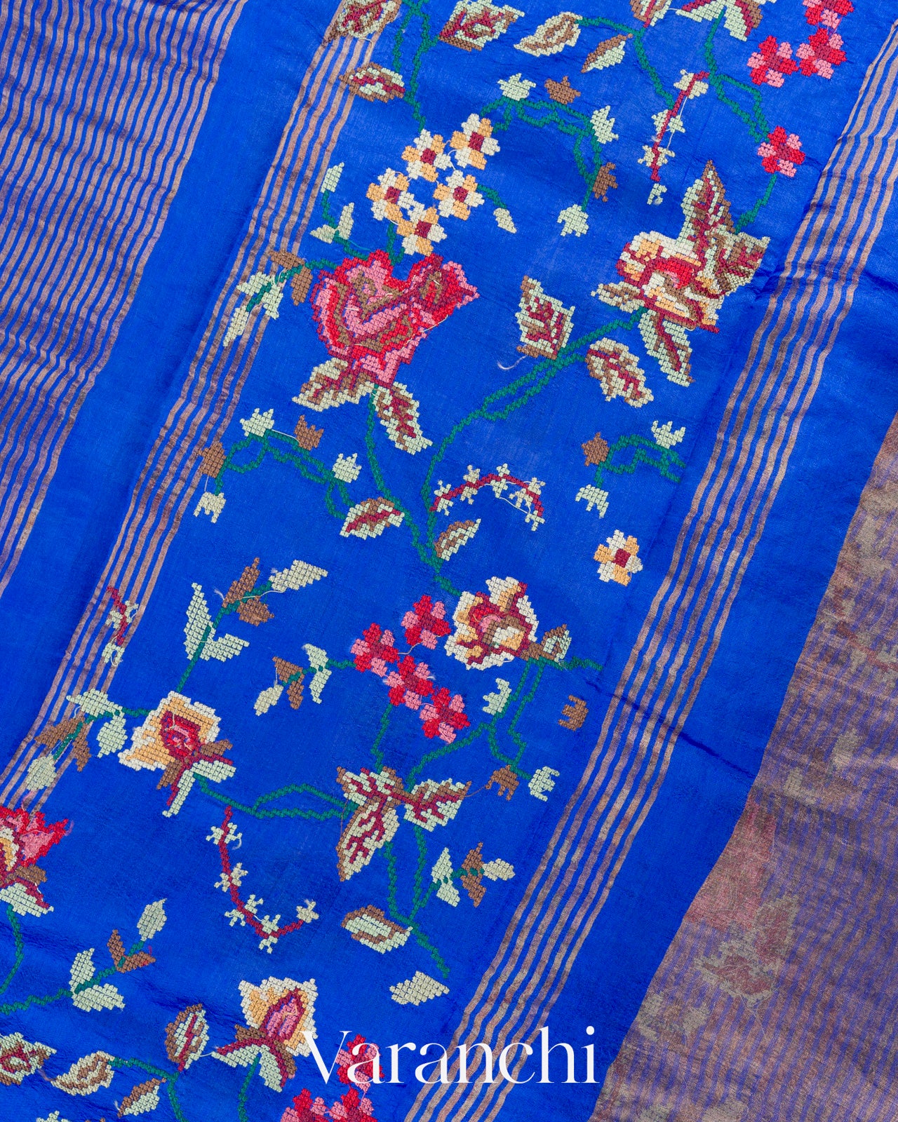 Royal Blue Cross-Stitch Tissue Striped Pure Katan Silk Saree