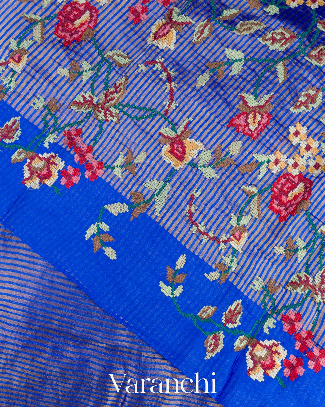 Royal Blue Cross-Stitch Tissue Striped Pure Katan Silk Saree