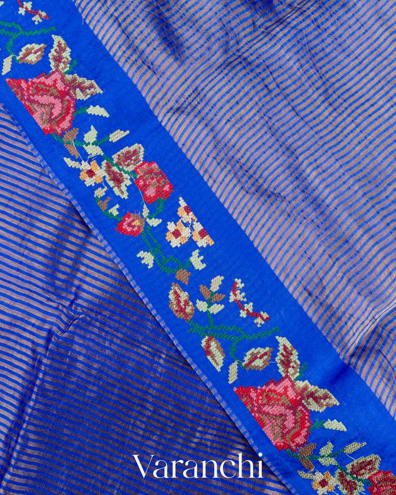 Royal Blue Cross-Stitch Tissue Striped Pure Katan Silk Saree