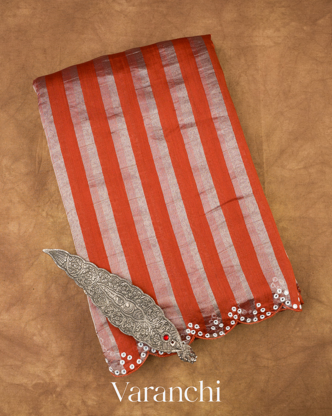 Rust Orange Tissue Striped Pure Katan Silk Saree