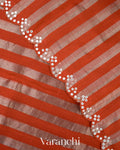 Rust Orange Tissue Striped Pure Katan Silk Saree