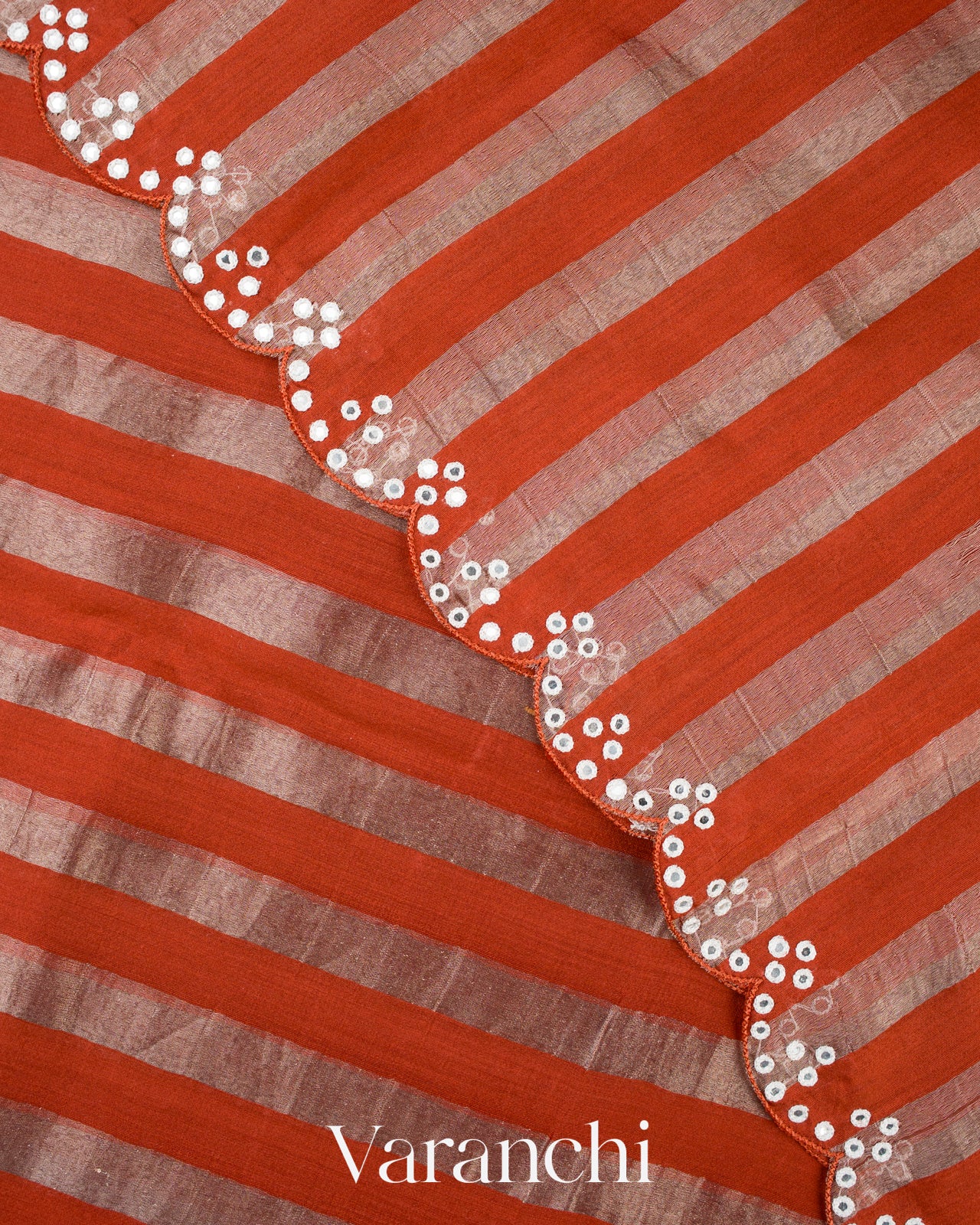 Rust Orange Tissue Striped Pure Katan Silk Saree