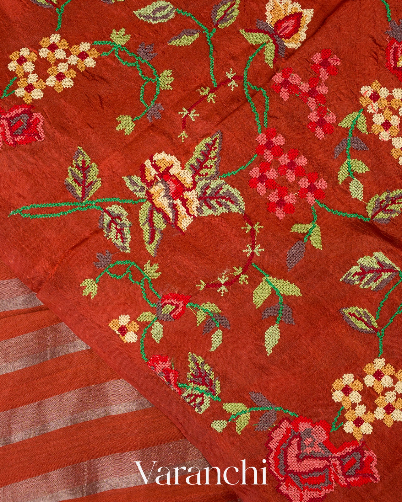 Rust Orange Tissue Striped Pure Katan Silk Saree