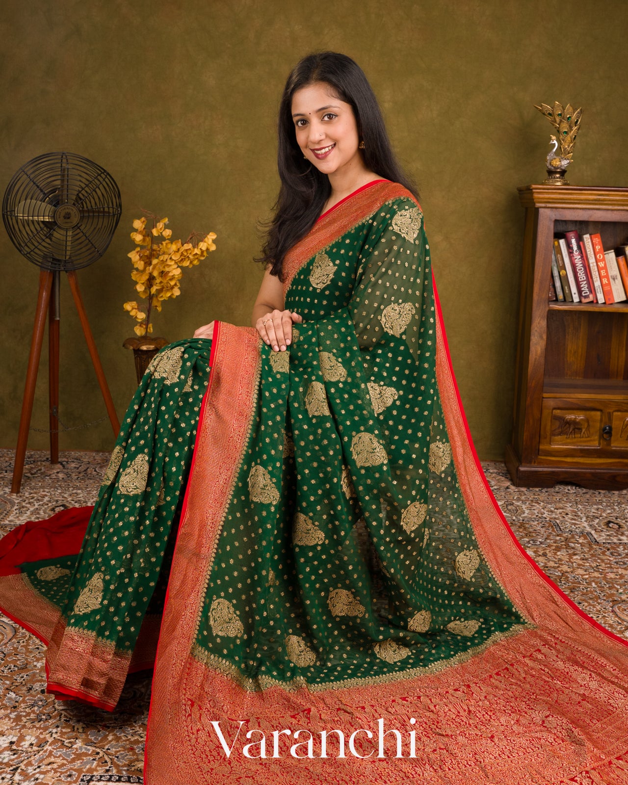 Bottle Green Pure Khaddi Georgette Silk Saree