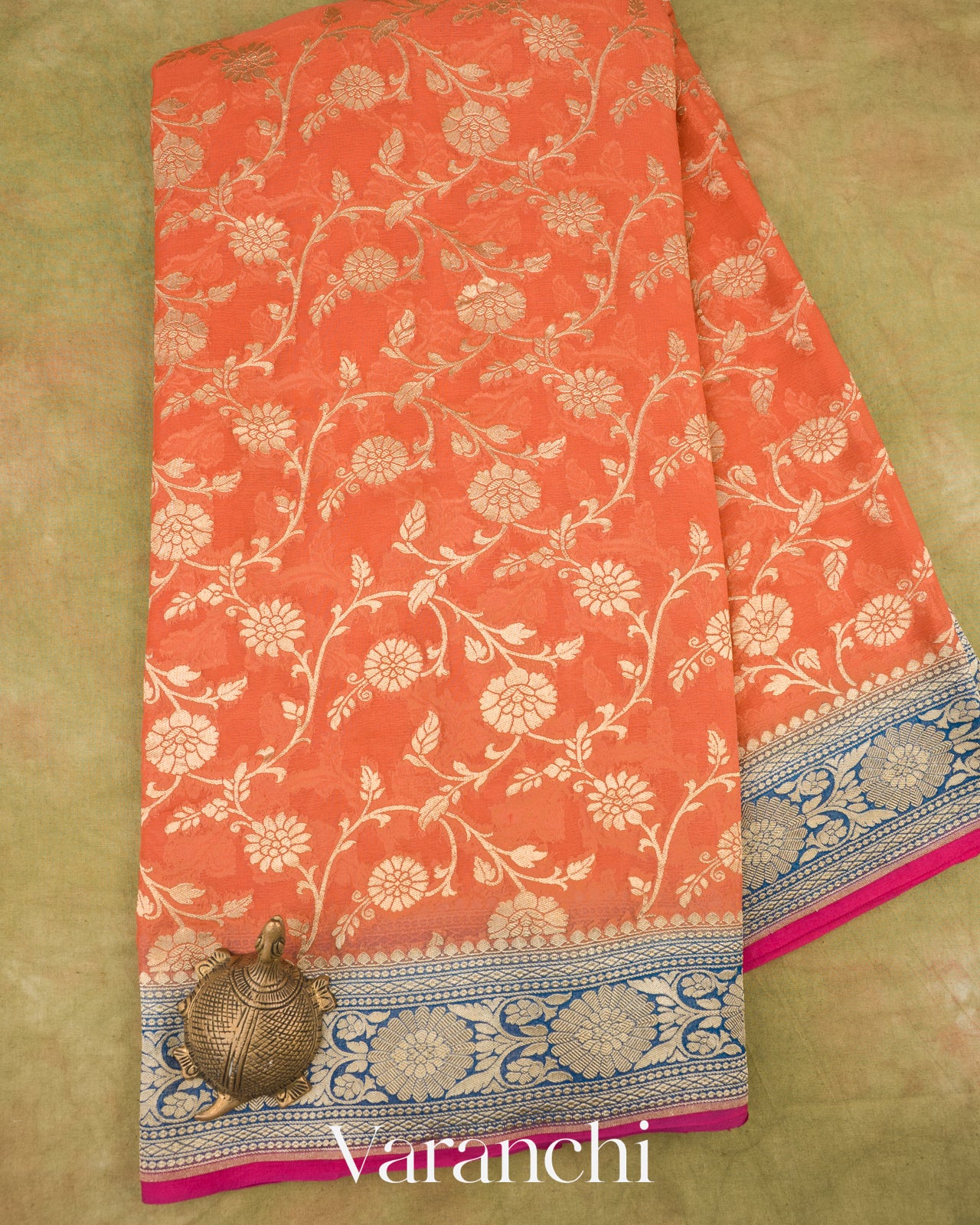 Sunset Orange Pure Khaddi Georgette Silk Saree
