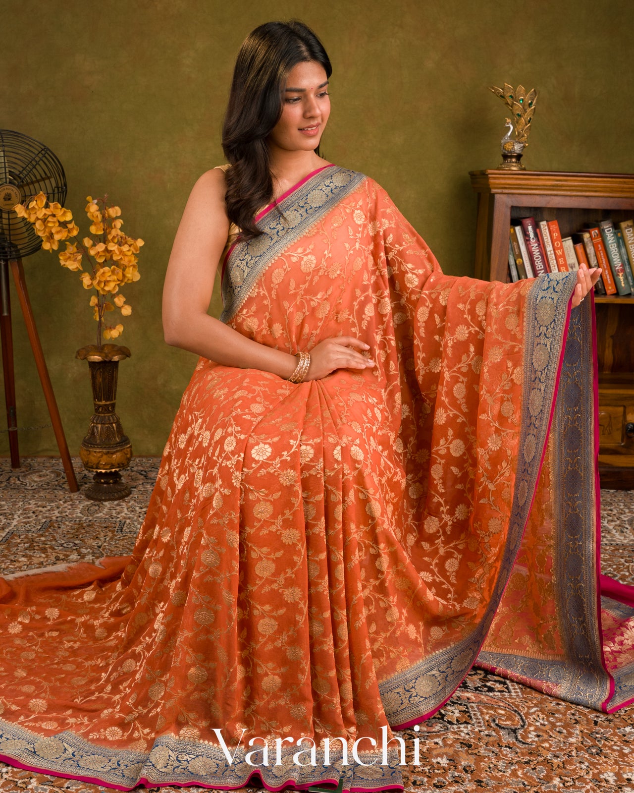 Sunset Orange Pure Khaddi Georgette Silk Saree