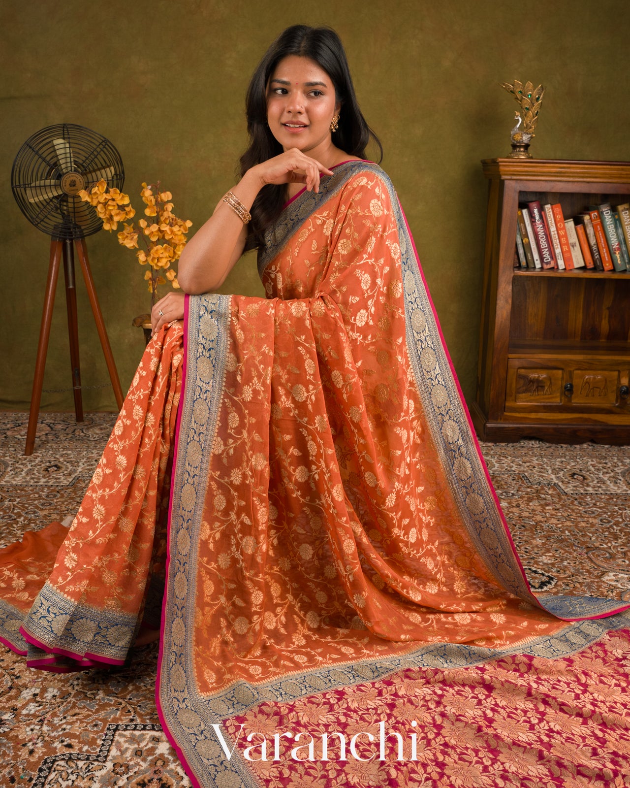 Sunset Orange Pure Khaddi Georgette Silk Saree