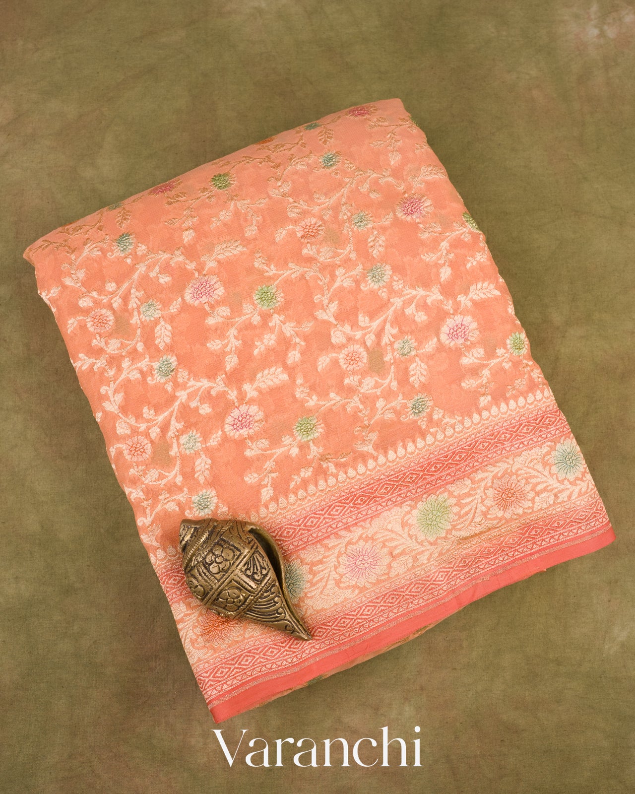 Peach Coral Pure Khaddi Georgette Silk Saree