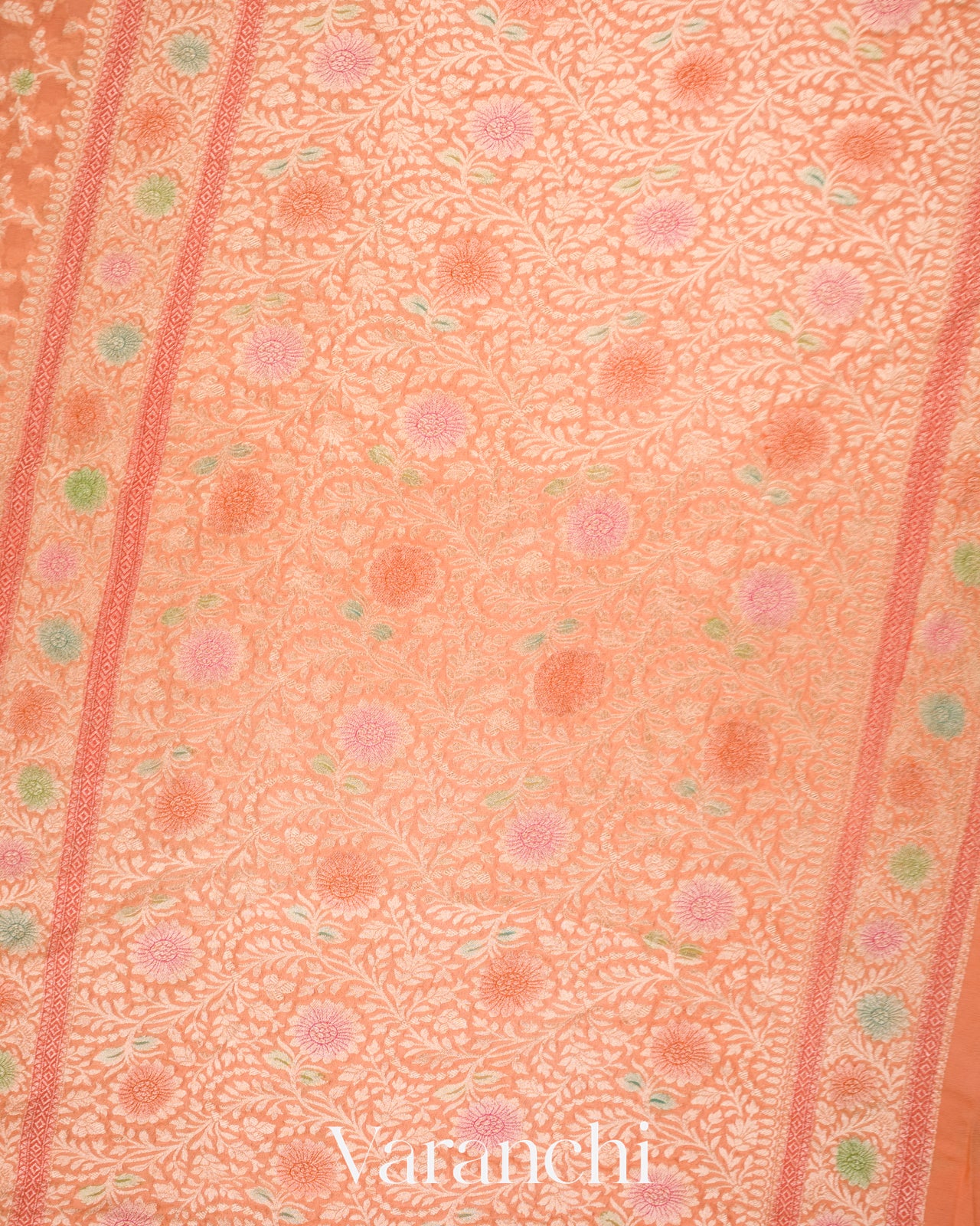Peach Coral Pure Khaddi Georgette Silk Saree