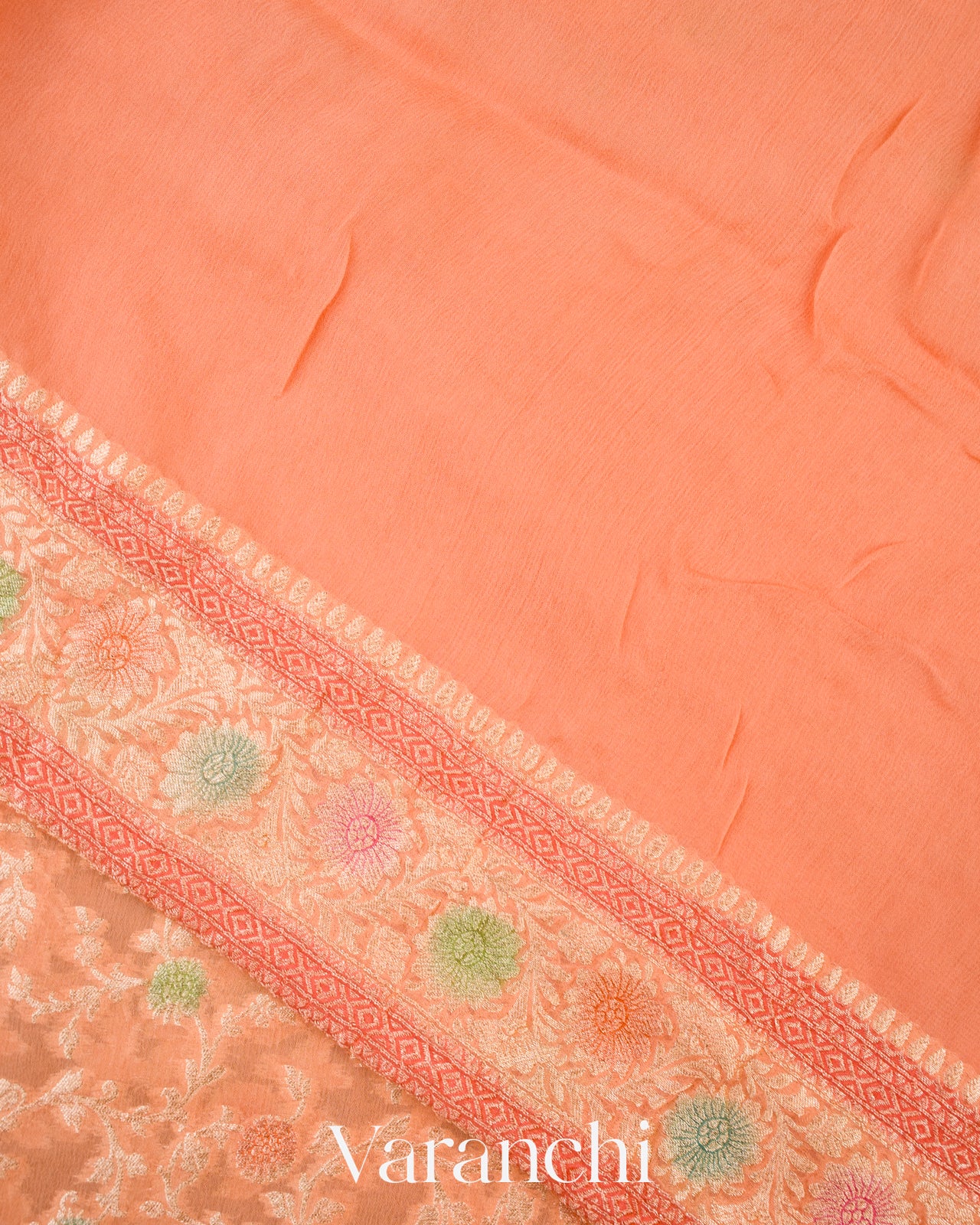 Peach Coral Pure Khaddi Georgette Silk Saree