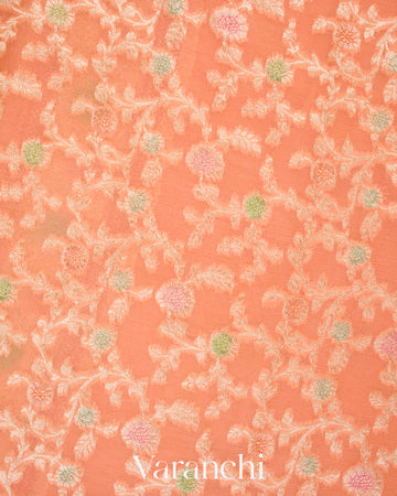 Peach Coral Pure Khaddi Georgette Silk Saree