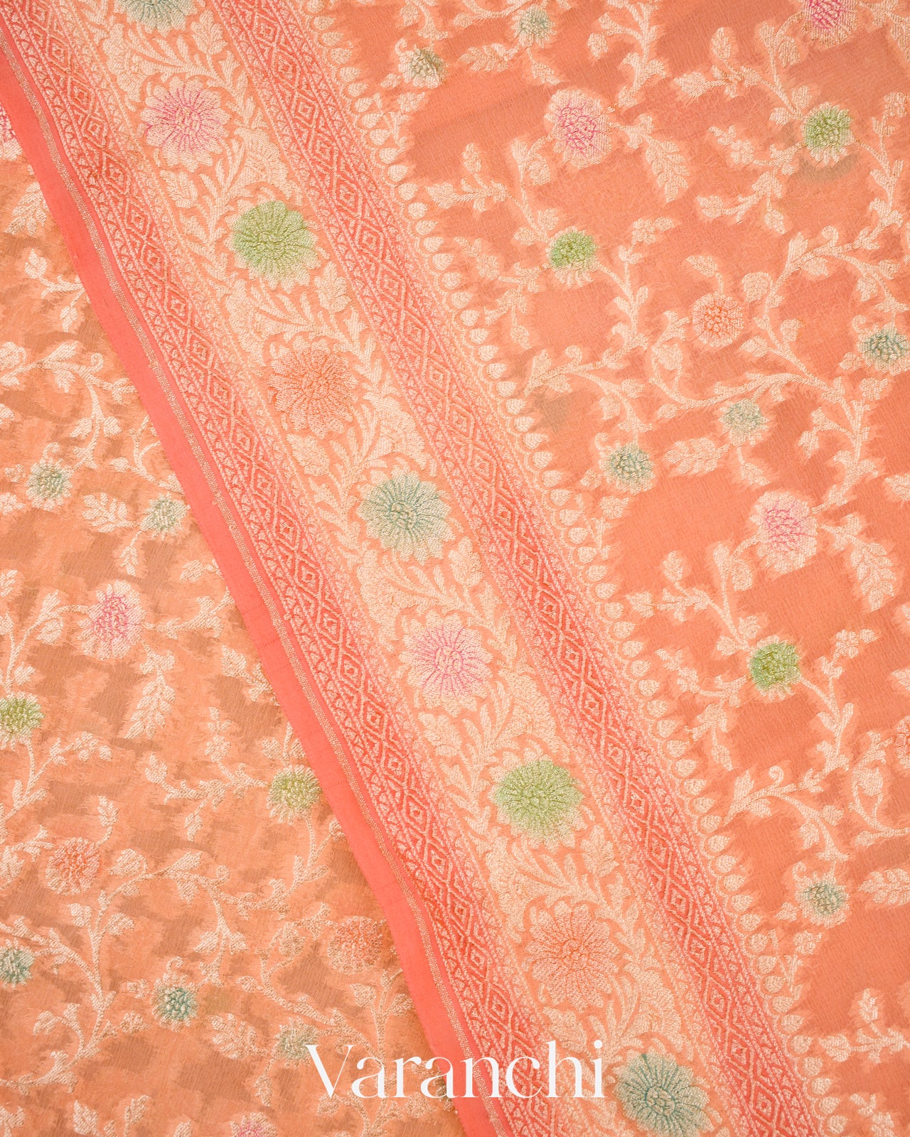 Peach Coral Pure Khaddi Georgette Silk Saree