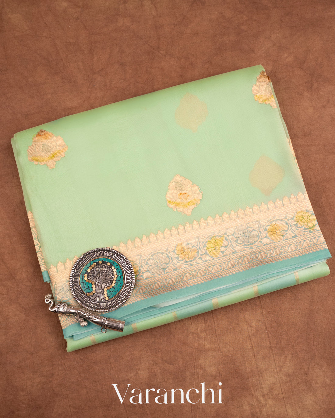 Aqua green Pure Kora Silk Handloom Saree