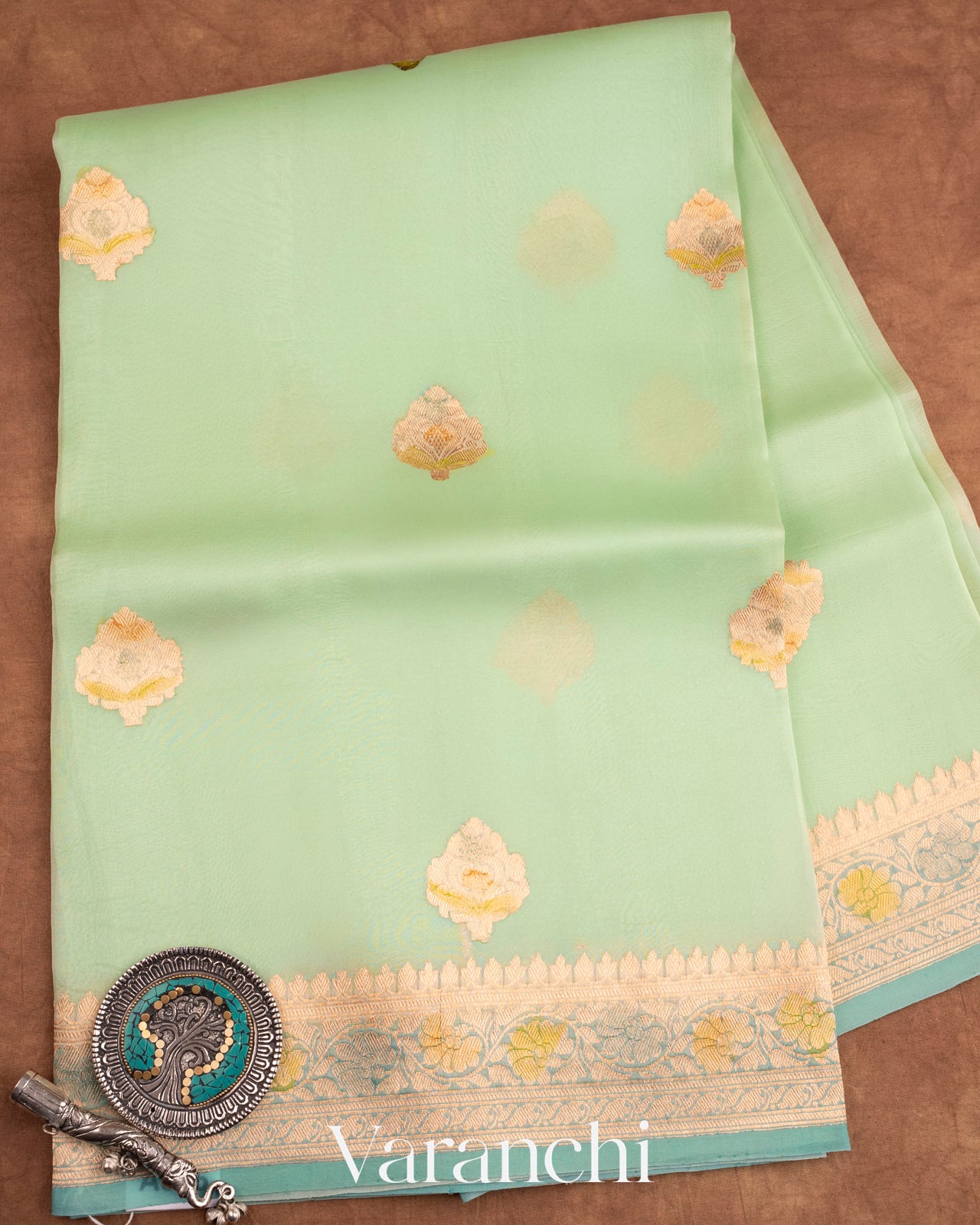 Aqua green Pure Kora Silk Handloom Saree