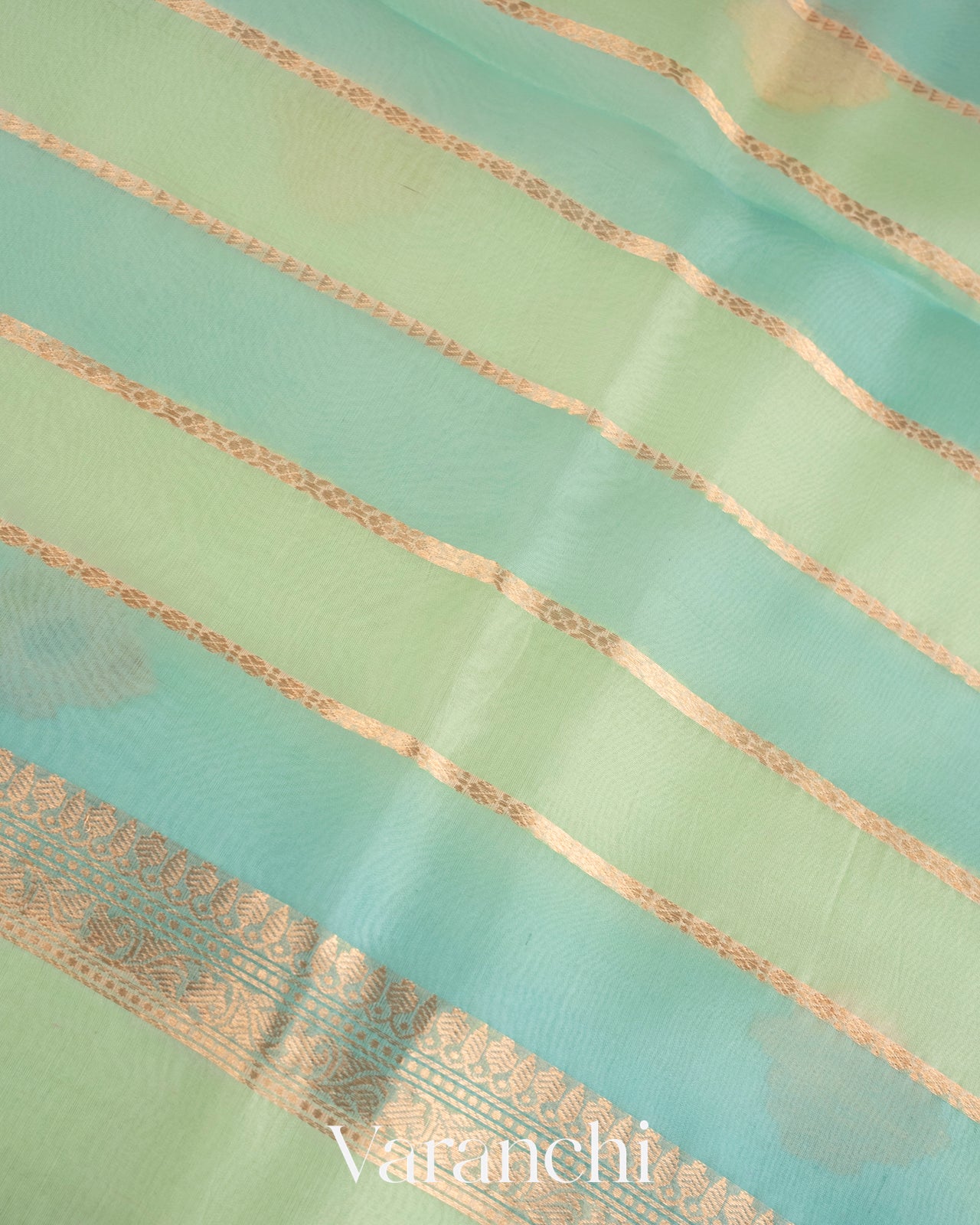 Aqua green Pure Kora Silk Handloom Saree