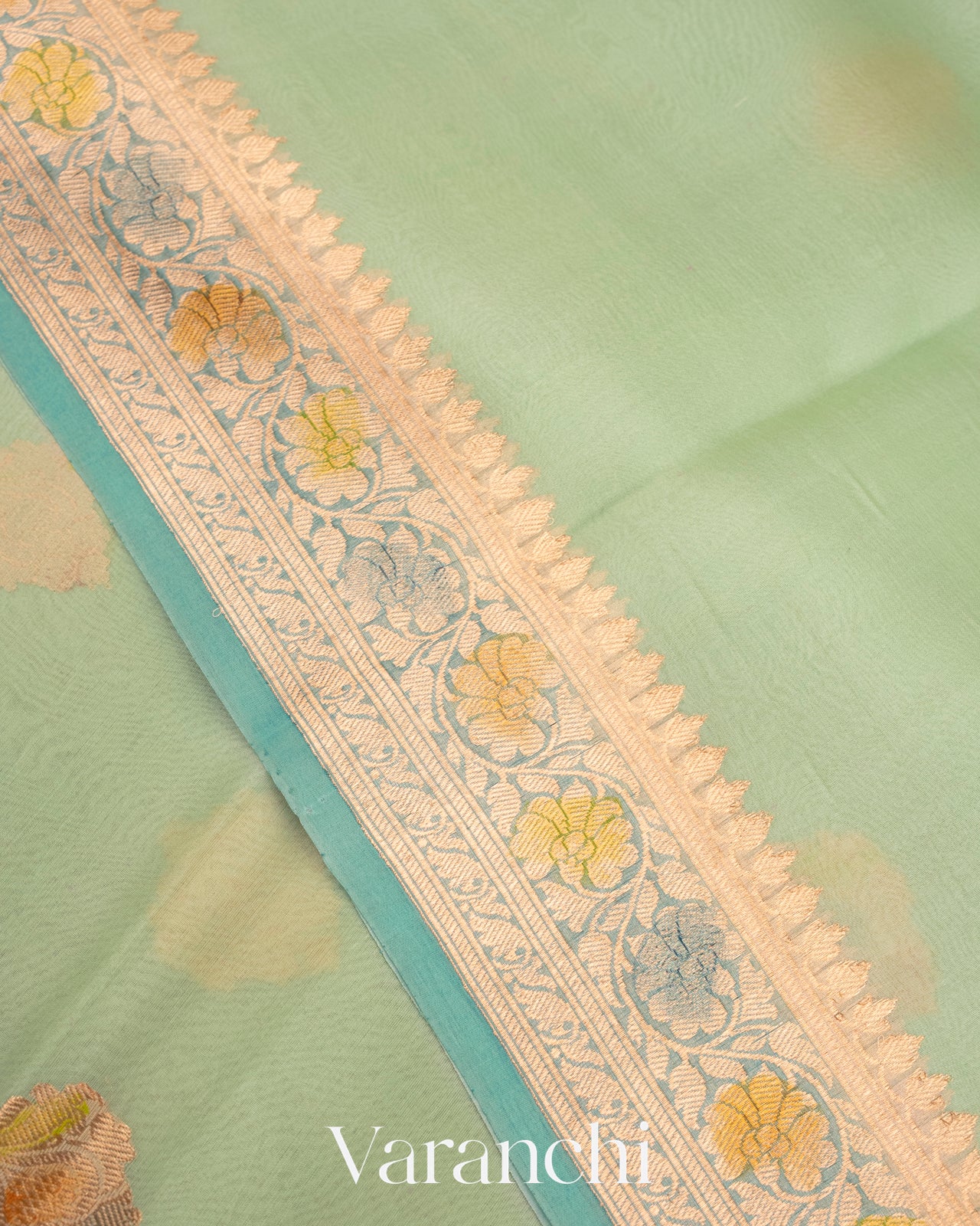 Aqua green Pure Kora Silk Handloom Saree