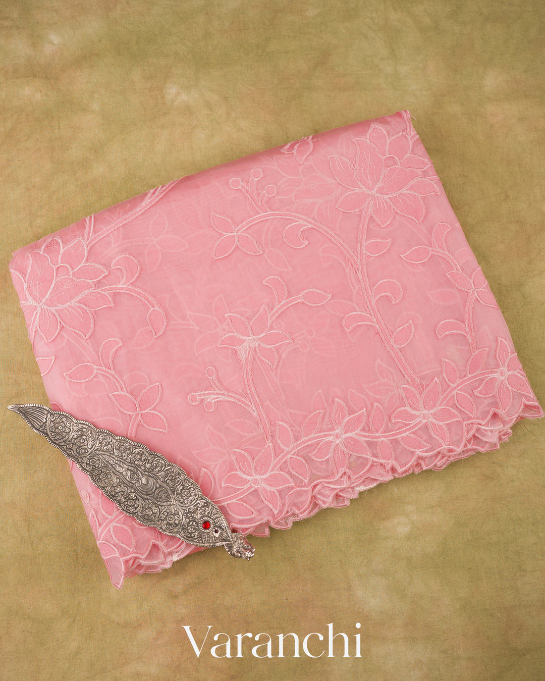 Blush Pink Floral Applique Pure Kora Silk Saree