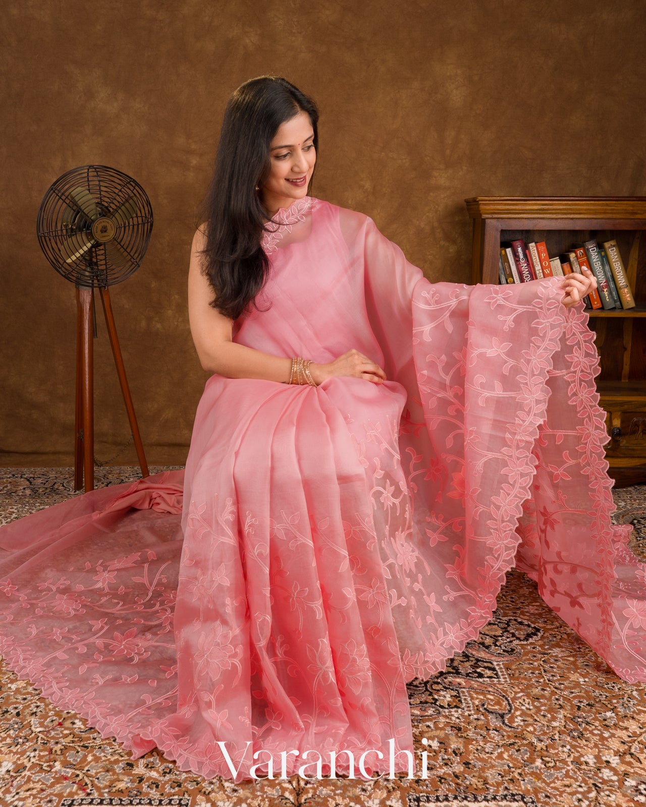 Blush Pink Floral Applique Pure Kora Silk Saree