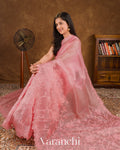 Blush Pink Floral Applique Pure Kora Silk Saree